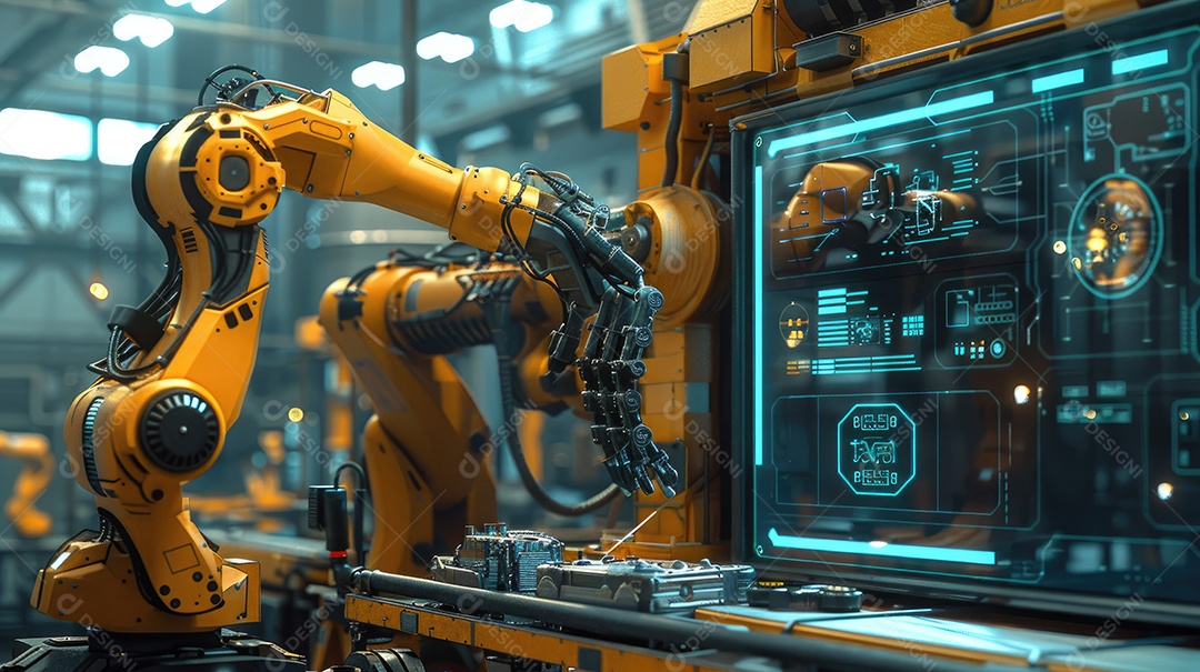 Uma fábrica de robôs com robôs trabalhando em uma tela azul