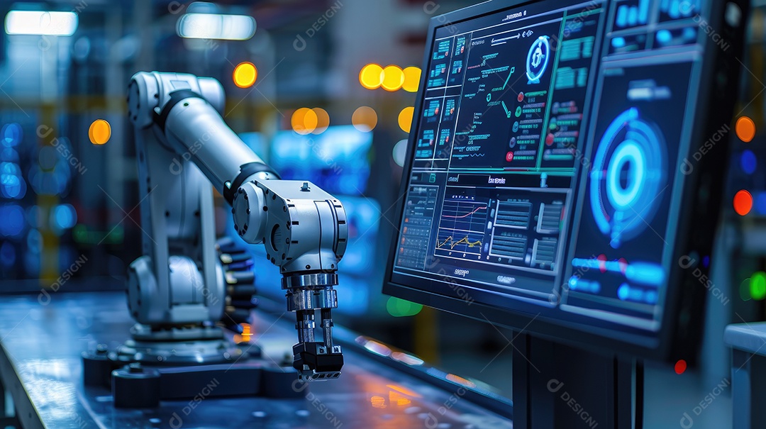 Uma fábrica de robôs com robôs trabalhando em uma tela azul