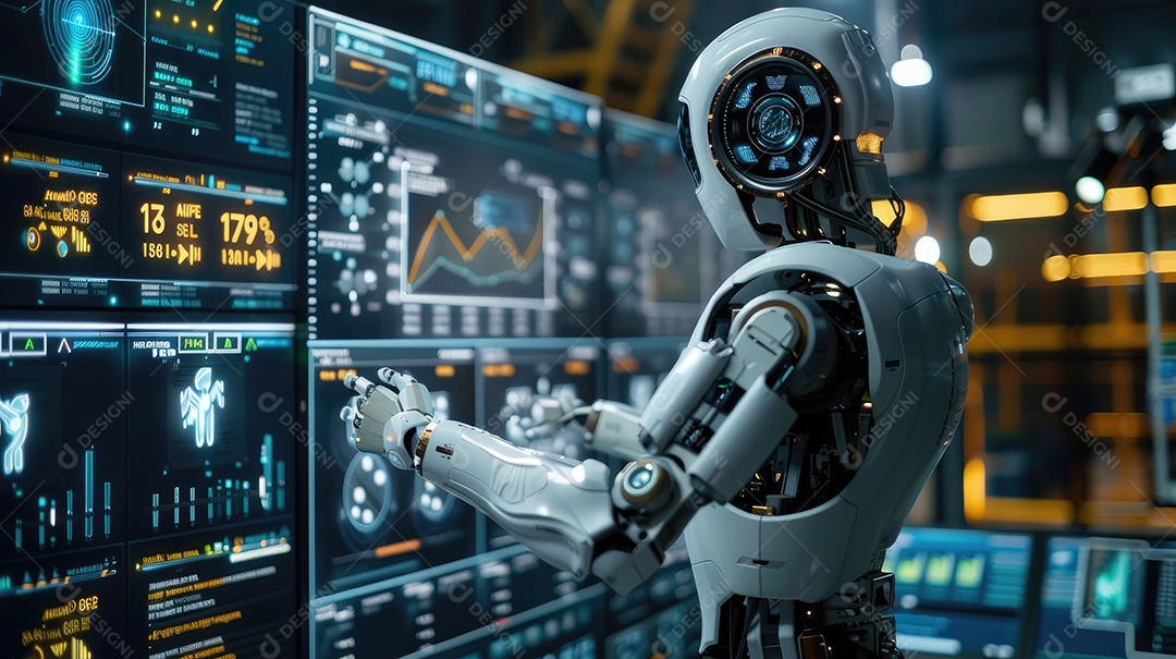 Uma fábrica de robôs com robôs trabalhando em uma tela azul