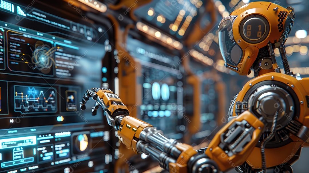 Uma fábrica de robôs com robôs trabalhando em uma tela azul