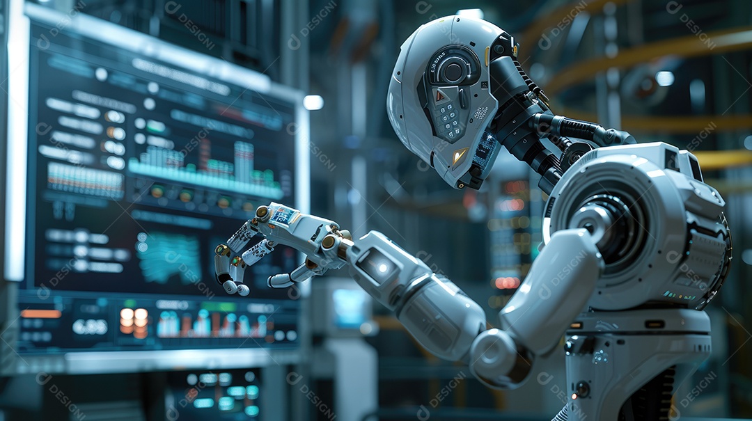 Uma fábrica de robôs com robôs trabalhando em uma tela azul