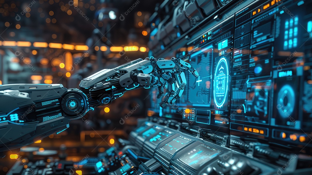 Uma fábrica de robôs com robôs trabalhando em uma tela azul