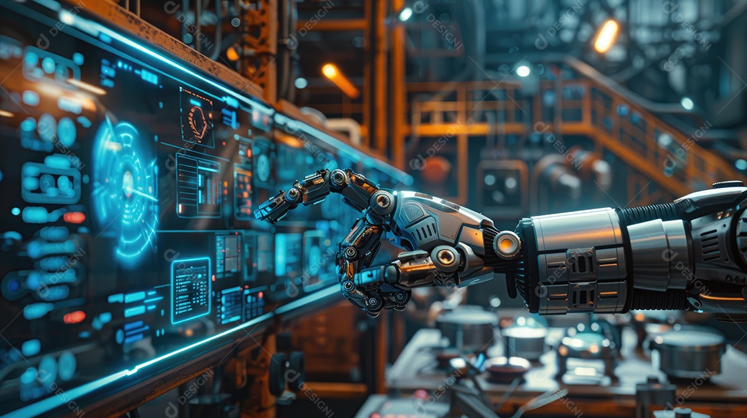 Uma fábrica de robôs com robôs trabalhando em uma tela azul