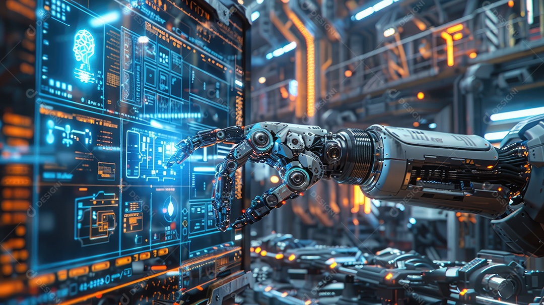 Uma fábrica de robôs com robôs trabalhando em uma tela azul