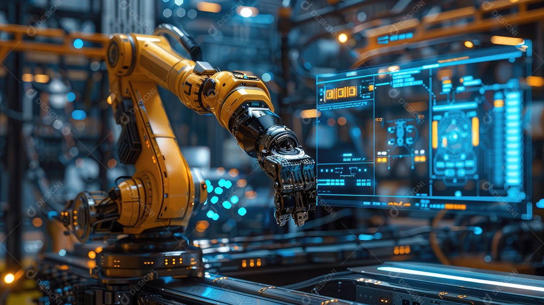 Uma fábrica de robôs com robôs trabalhando em uma tela azul