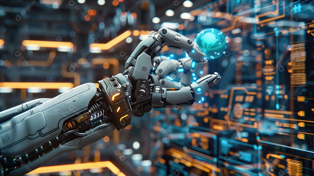 Uma fábrica de robôs com robôs trabalhando em uma tela azul