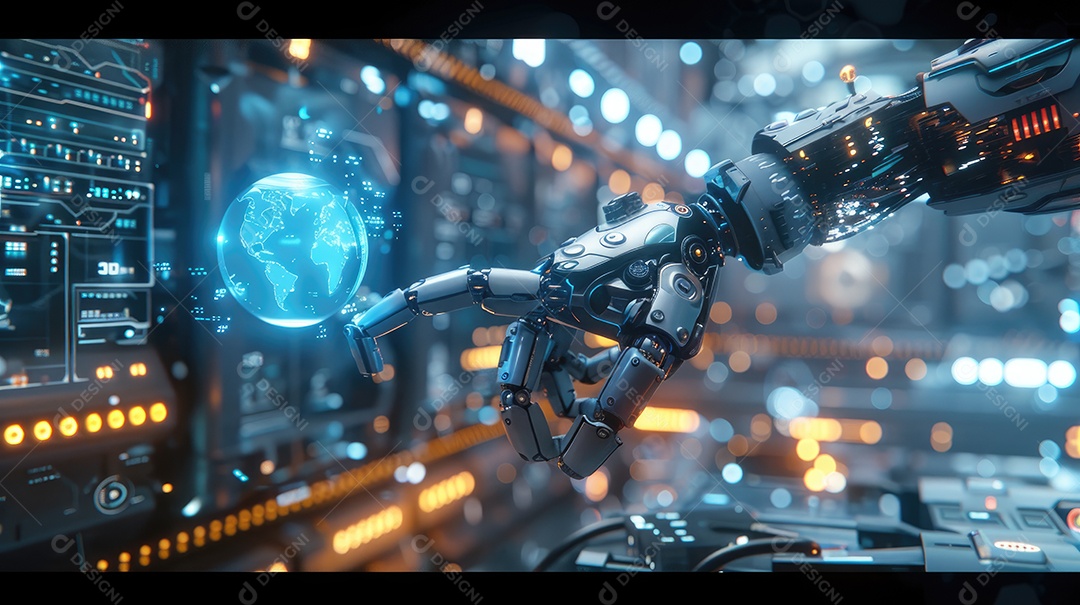 Uma fábrica de robôs com robôs trabalhando em uma tela azul