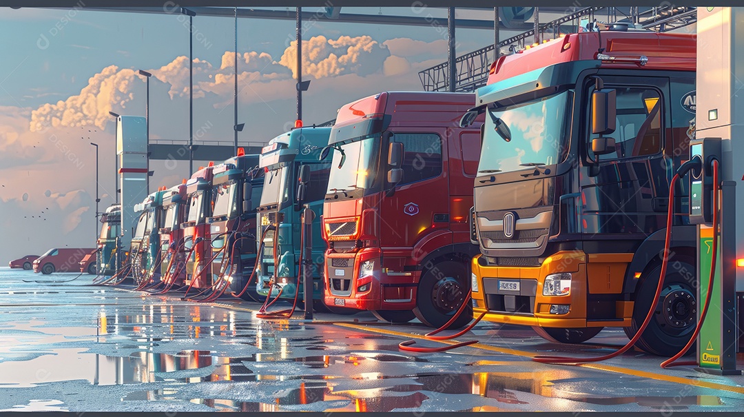 Frota de caminhões de entrega alinhada na doca de carga em armazém industrial à noite com reflexo iluminado no chão