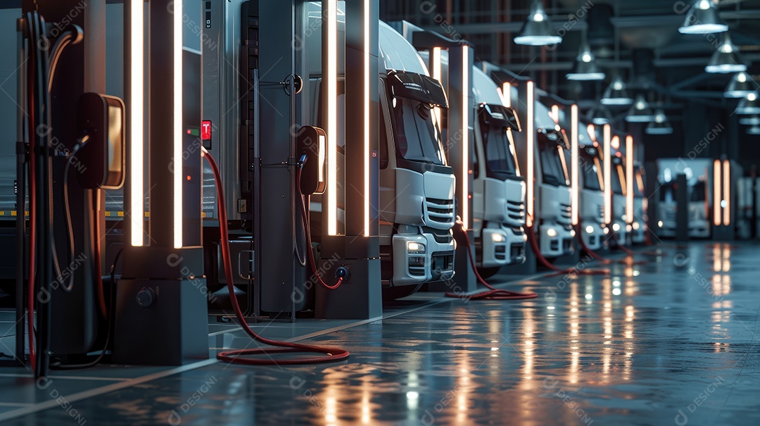 Frota de caminhões de entrega alinhada na doca de carga em armazém industrial à noite com reflexo iluminado no chão