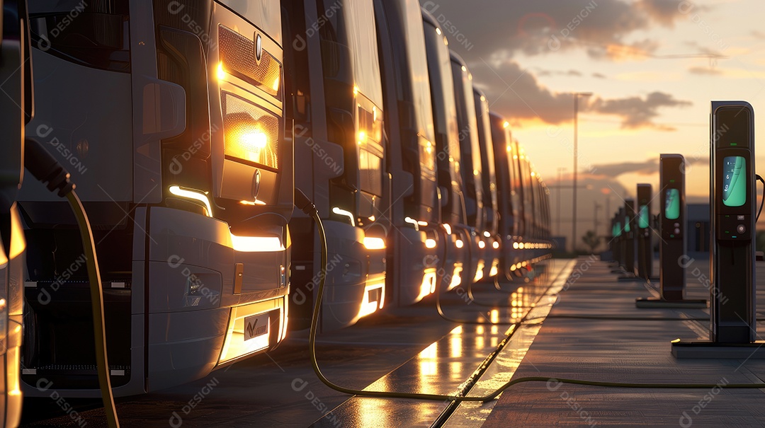 Frota de caminhões de entrega alinhada na doca de carga em armazém industrial à noite com reflexo iluminado no chão