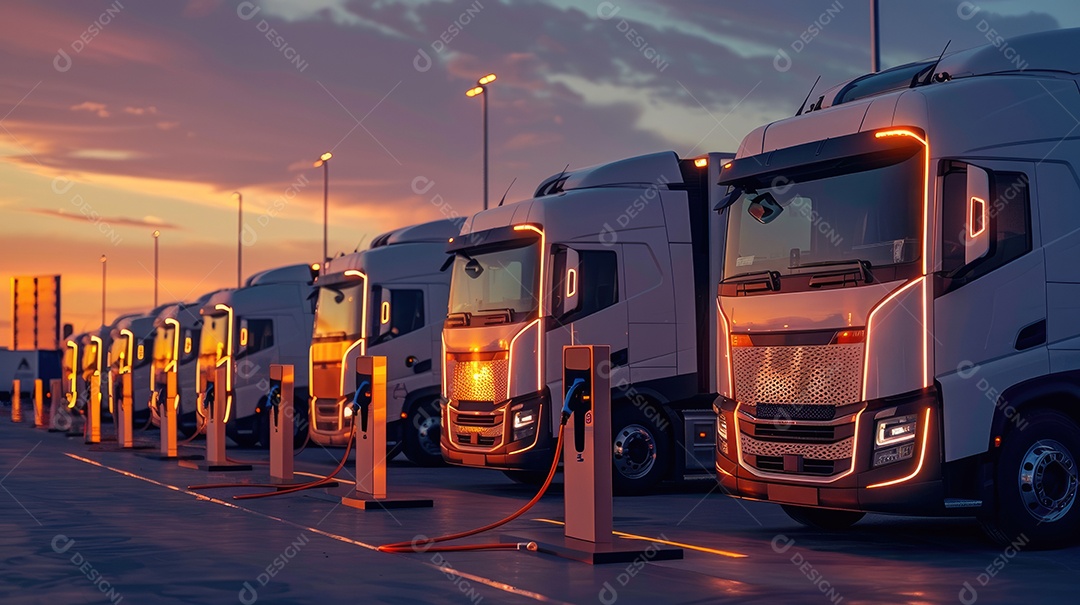 Frota de caminhões de entrega alinhada na doca de carga em armazém industrial à noite com reflexo iluminado no chão