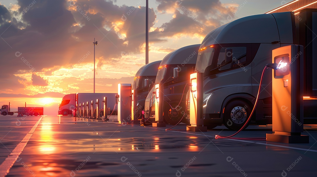 Frota de caminhões de entrega alinhada na doca de carga em armazém industrial à noite com reflexo iluminado no chão