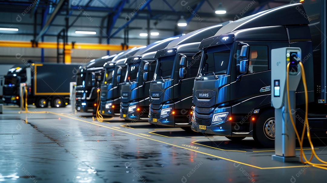 Frota de caminhões de entrega alinhada na doca de carga em armazém industrial à noite com reflexo iluminado no chão