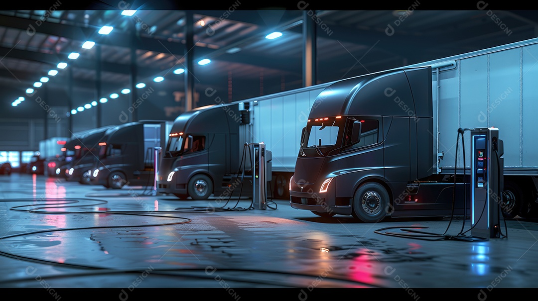 Frota de caminhões de entrega alinhada na doca de carga em armazém industrial à noite com reflexo iluminado no chão