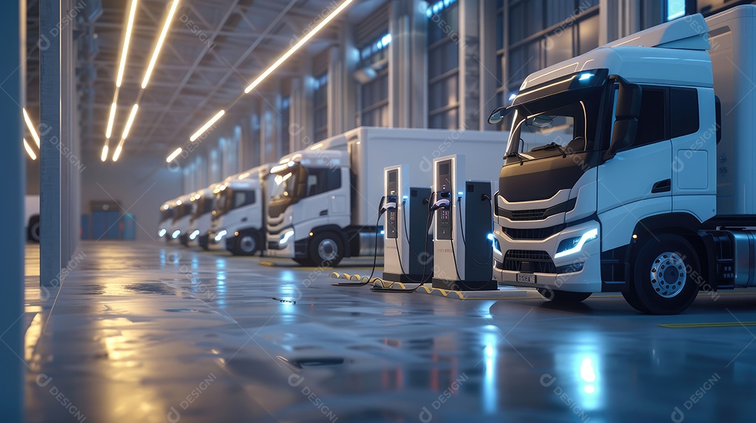 Frota de caminhões de entrega alinhada na doca de carga em armazém industrial à noite com reflexo iluminado no chão