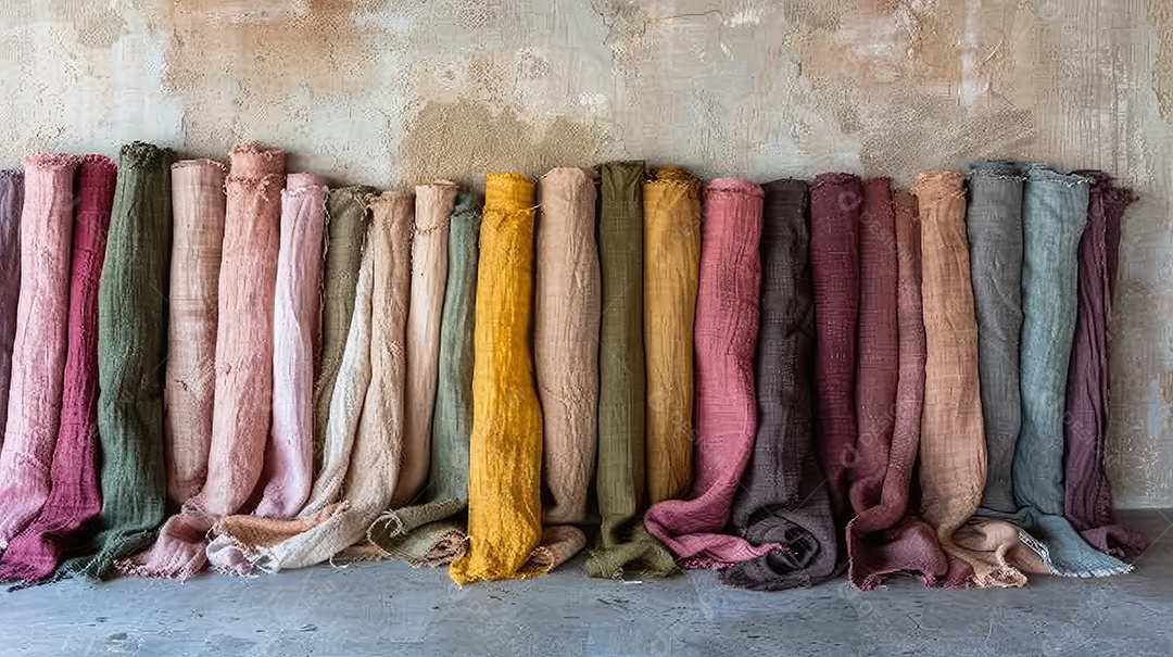 Uma fileira de tecidos coloridos em uma prateleira