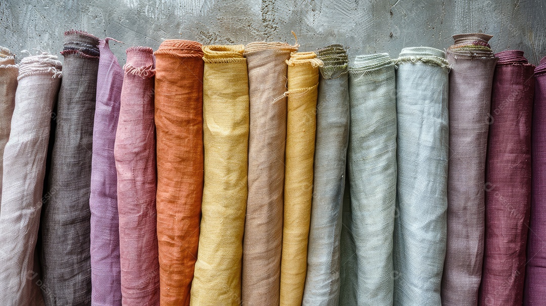 Uma fileira de tecidos coloridos em uma prateleira