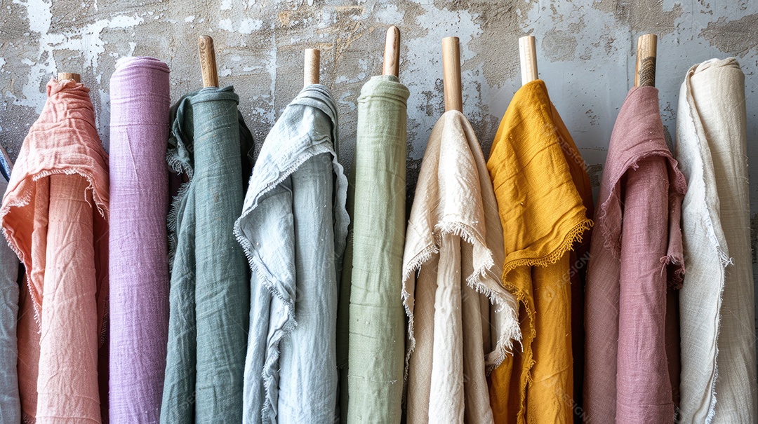 Uma fileira de tecidos coloridos em uma prateleira