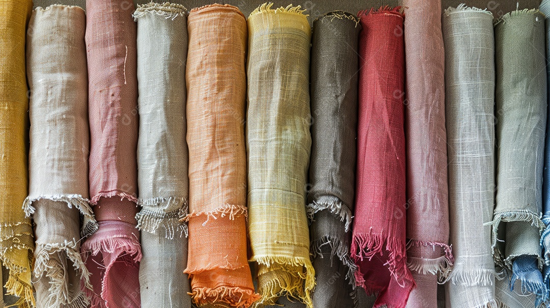 Uma fileira de tecidos coloridos em uma prateleira