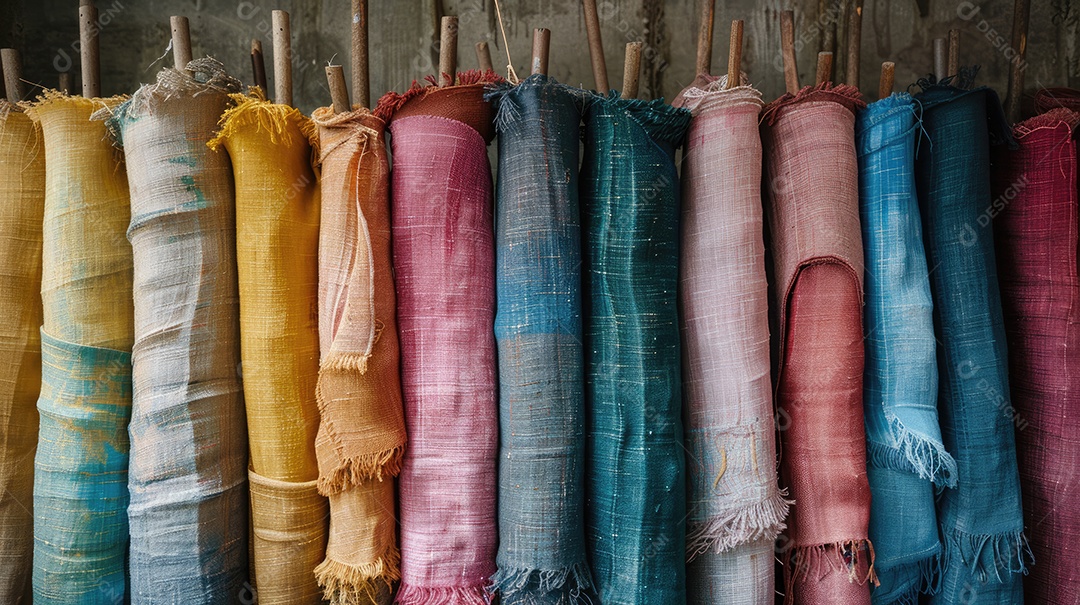 Uma fileira de tecidos coloridos em uma prateleira