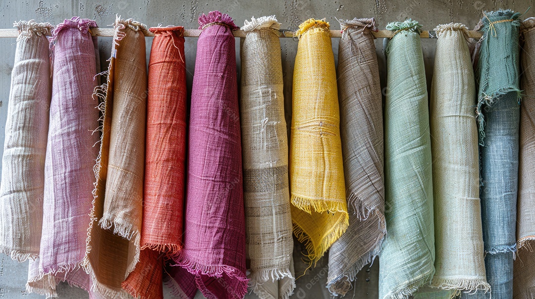 Uma fileira de tecidos coloridos em uma prateleira