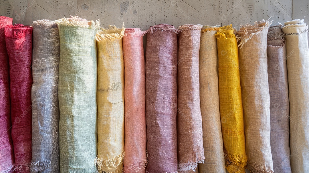 Uma fileira de tecidos coloridos em uma prateleira