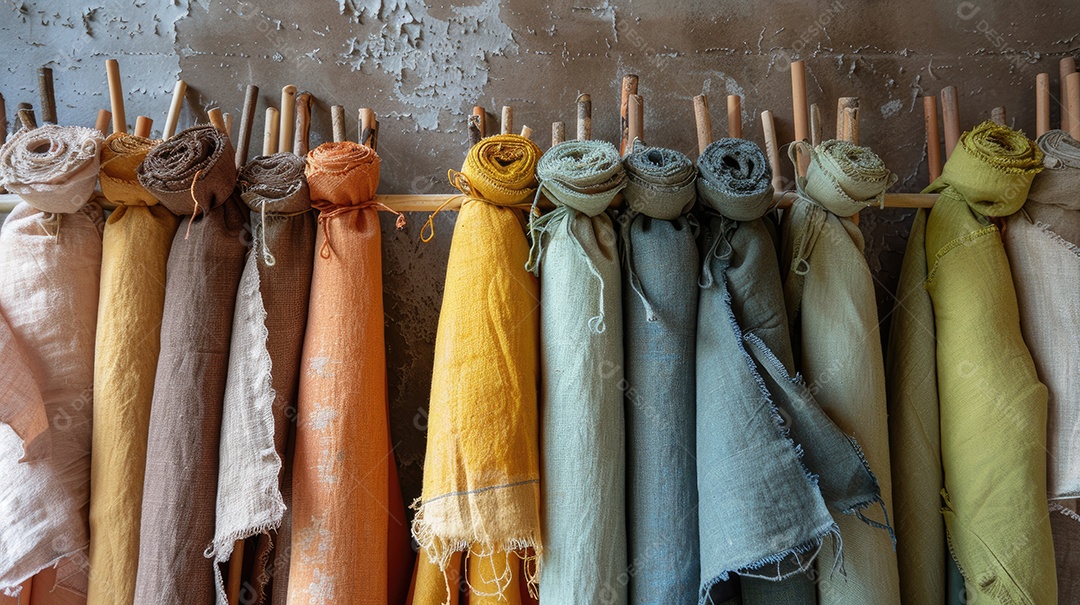 Uma fileira de tecidos coloridos em uma prateleira