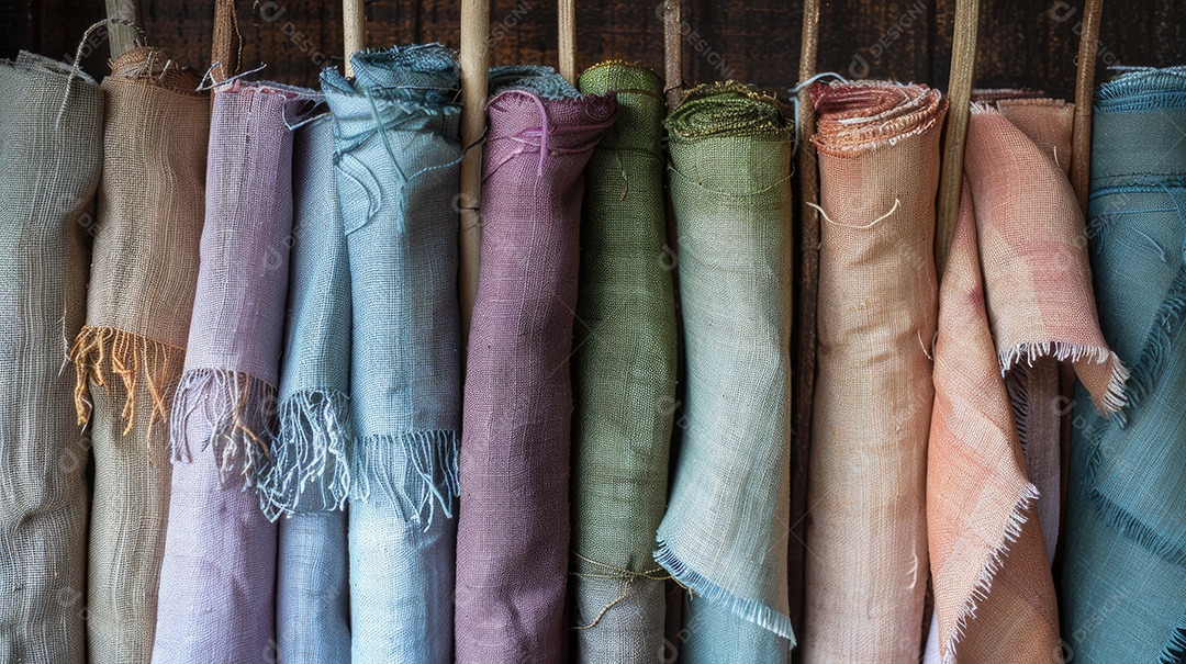 Uma fileira de tecidos coloridos em uma prateleira