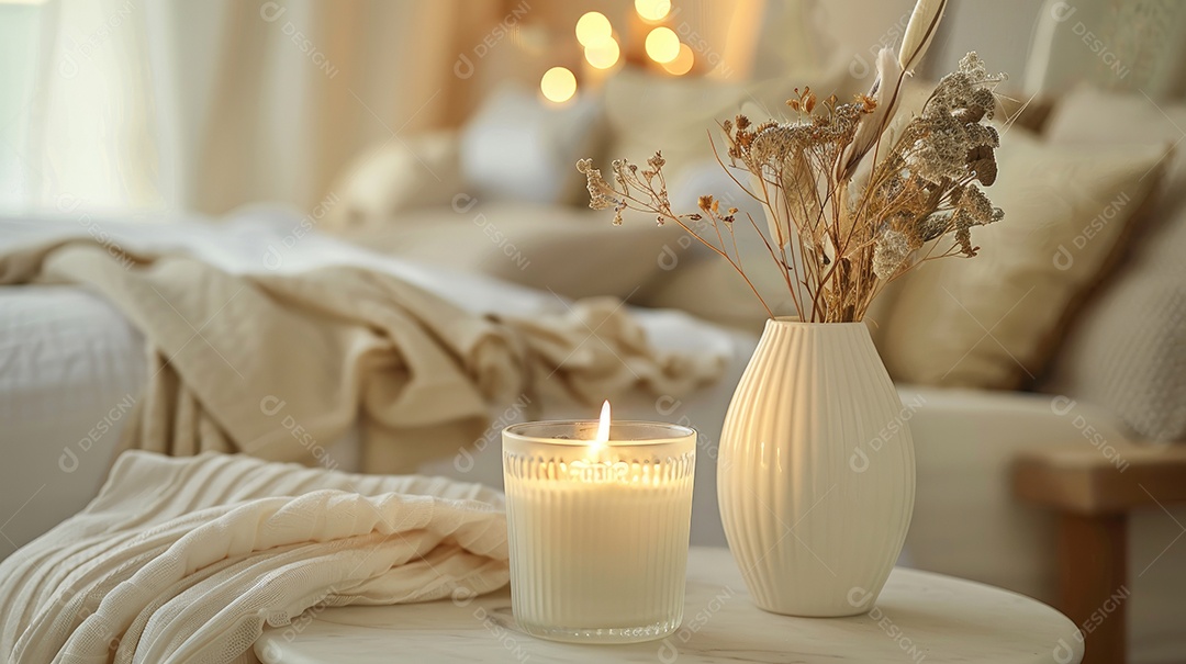 Em um luxuoso quarto uma vela perfumada repousa sobre uma mesa de metal branco