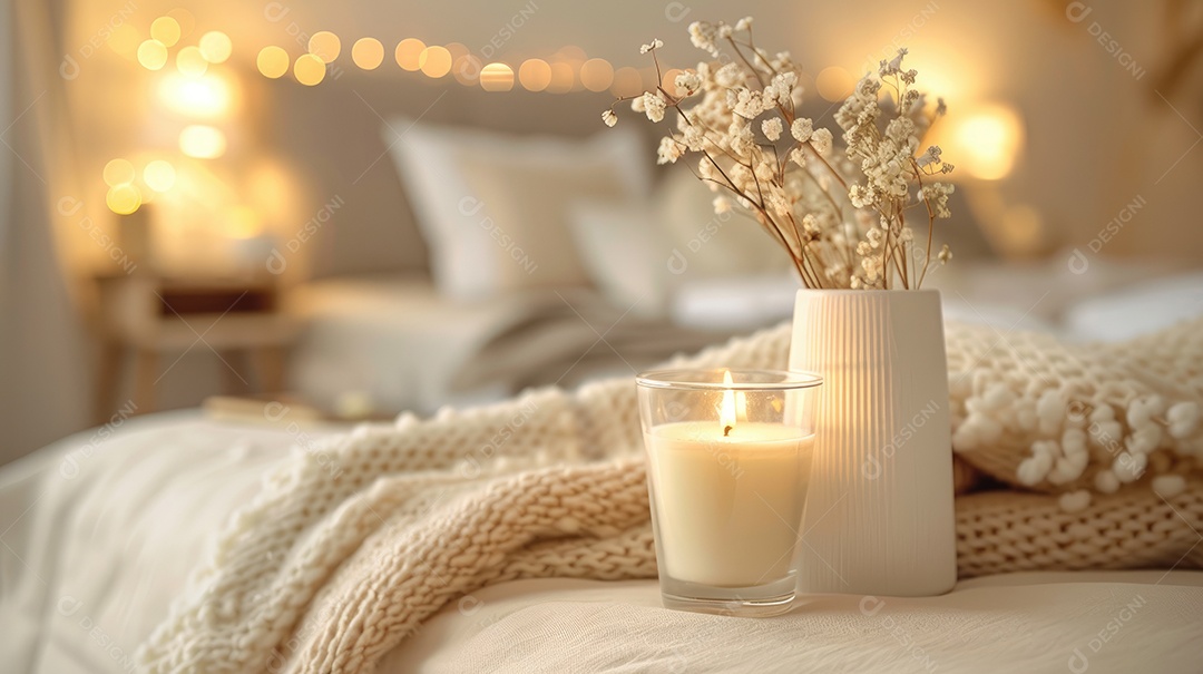 Em um luxuoso quarto uma vela perfumada repousa sobre uma mesa de metal branco