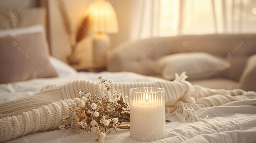 Em um luxuoso quarto uma vela perfumada repousa sobre uma mesa de metal branco