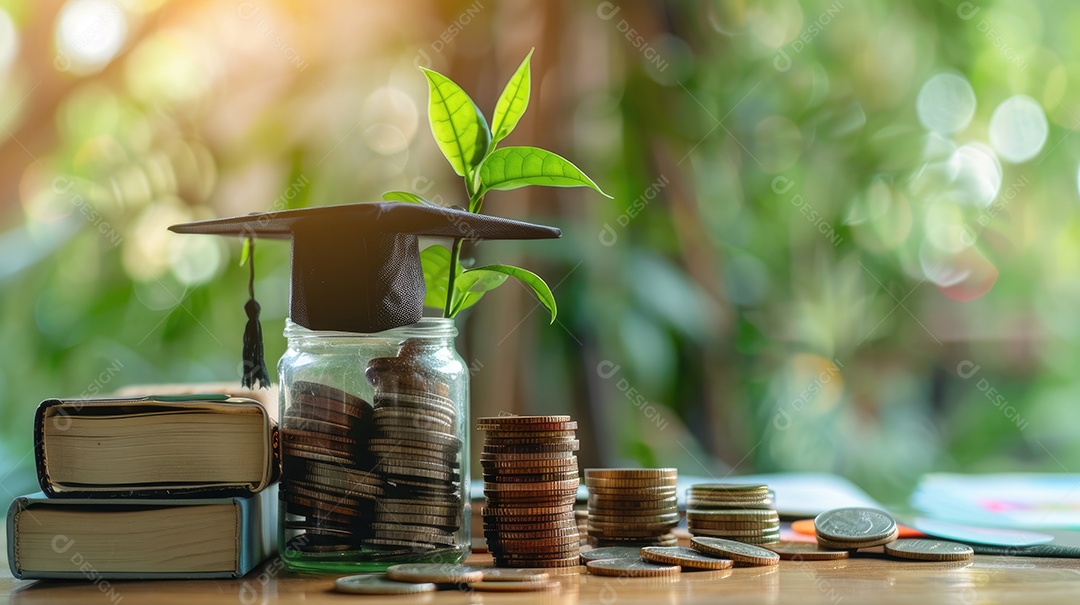 Moedas empilhadas com plantas em crescimento e chapéu de formatura