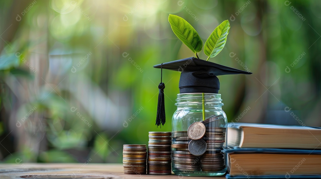 Moedas empilhadas com plantas em crescimento e chapéu de formatura