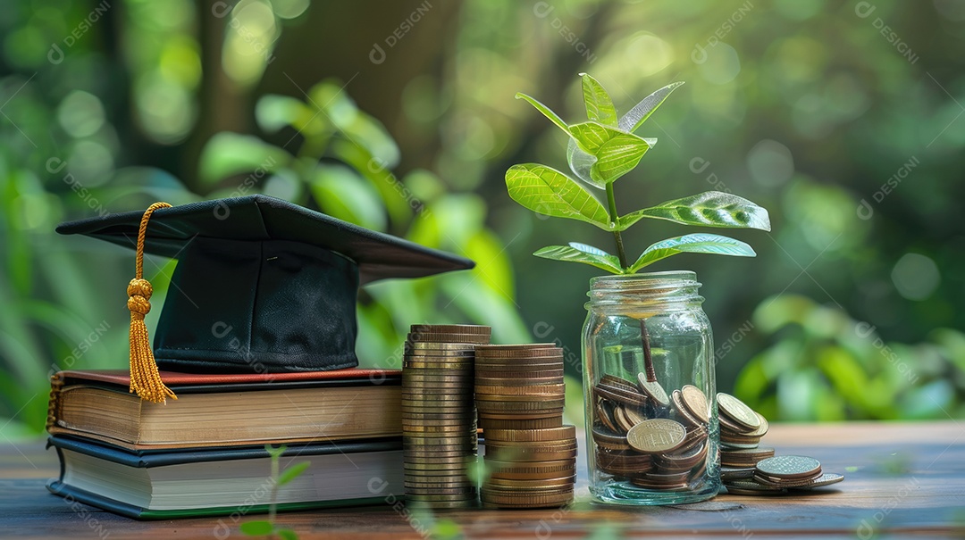 Moedas empilhadas com plantas em crescimento e chapéu de formatura