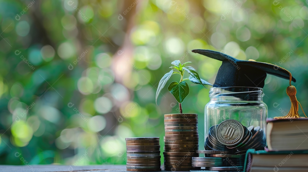 Moedas empilhadas com plantas em crescimento e chapéu de formatura