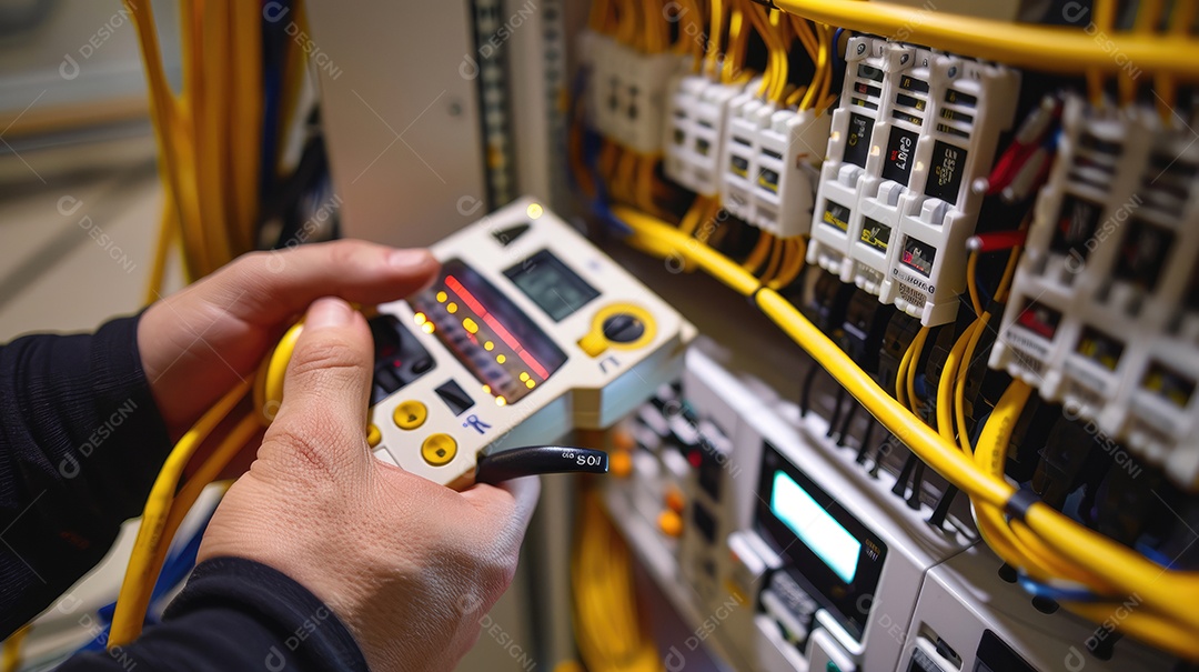 Um técnico em traje profissional está usando cuidadosamente um multímetro digital para verificar ou solucionar problemas de um painel elétrico
