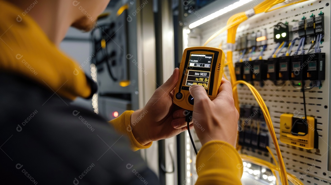 Um técnico em traje profissional está usando cuidadosamente um multímetro digital para verificar ou solucionar problemas de um painel elétrico