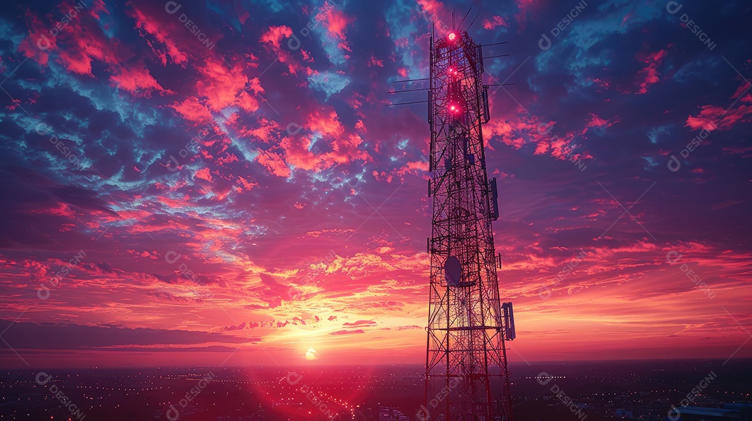 Linhas de alta tensão ao pôr do sol torre de transmissão elétrica de alta tensão