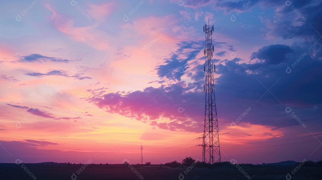 Linhas de alta tensão ao pôr do sol torre de transmissão elétrica de alta tensão