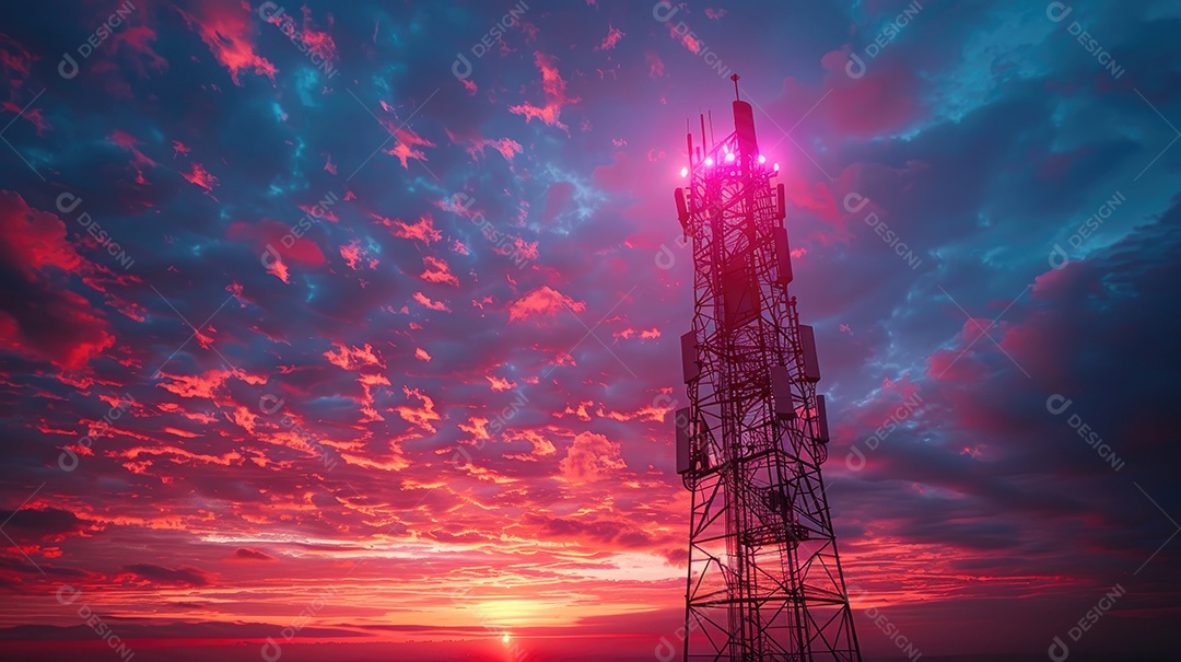 Linhas de alta tensão ao pôr do sol torre de transmissão elétrica de alta tensão