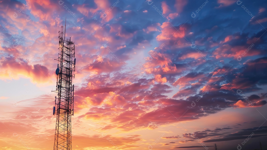 Linhas de alta tensão ao pôr do sol torre de transmissão elétrica de alta tensão