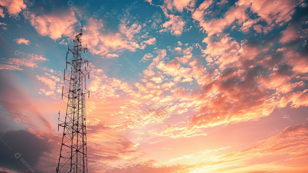 Linhas de alta tensão ao pôr do sol torre de transmissão elétrica de alta tensão