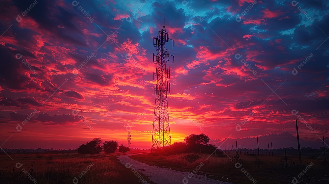 Linhas de alta tensão ao pôr do sol torre de transmissão elétrica de alta tensão