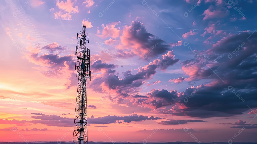 Linhas de alta tensão ao pôr do sol torre de transmissão elétrica de alta tensão