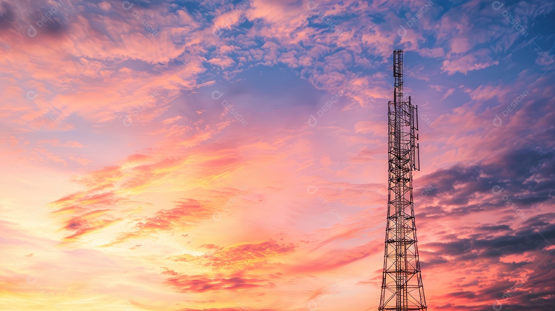 Linhas de alta tensão ao pôr do sol torre de transmissão elétrica de alta tensão