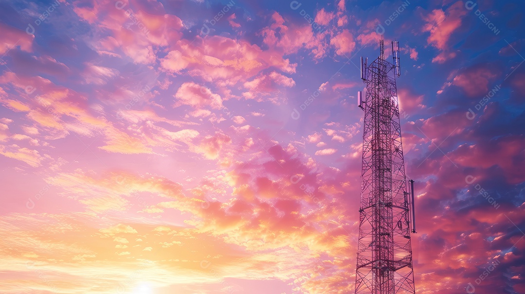 Linhas de alta tensão ao pôr do sol torre de transmissão elétrica de alta tensão