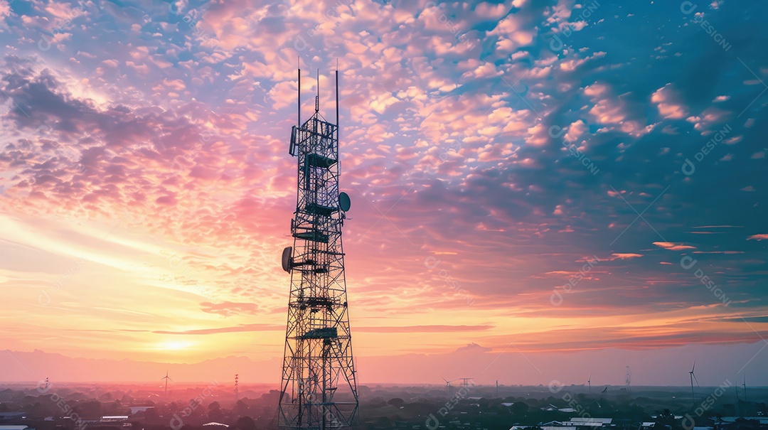 Linhas de alta tensão ao pôr do sol torre de transmissão elétrica de alta tensão