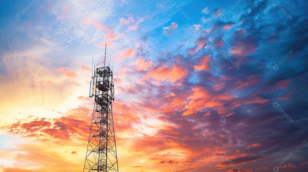 Linhas de alta tensão ao pôr do sol torre de transmissão elétrica de alta tensão