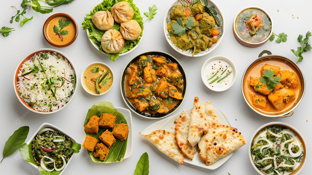 Vista superior da coleção de alimentos indianos isolada no fundo branco