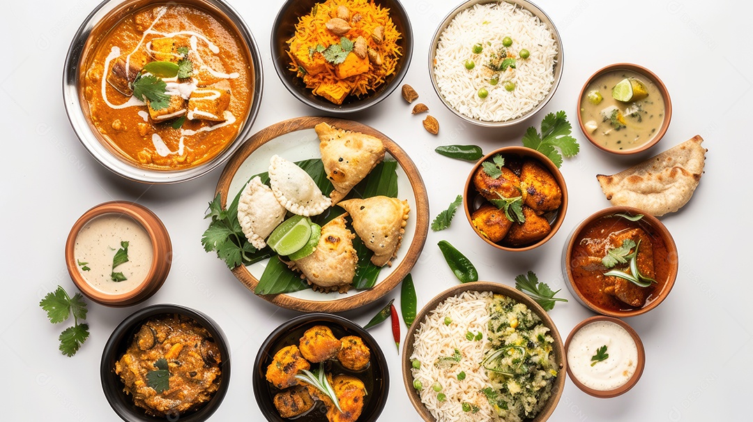 Vista superior da coleção de alimentos indianos isolada no fundo branco